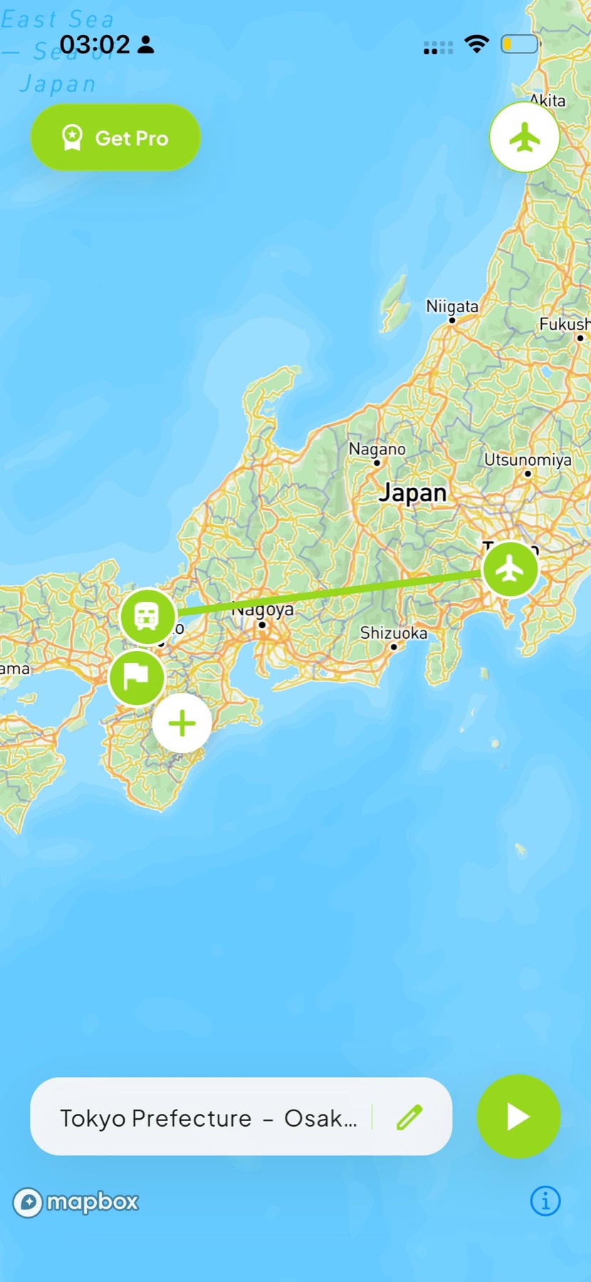 Animated travel route from Tokyo to Osaka shown in Roam Reels
